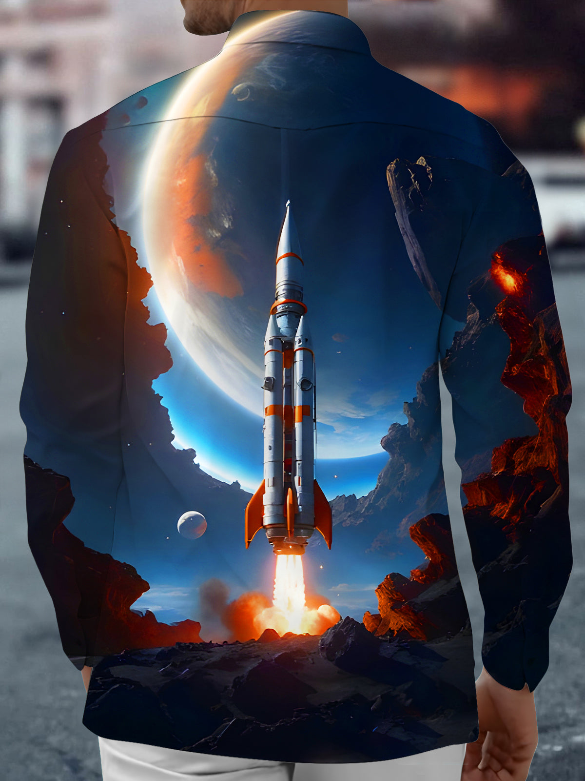 Rocket Launch In Space Men's Pocket Long Sleeve Shirts
