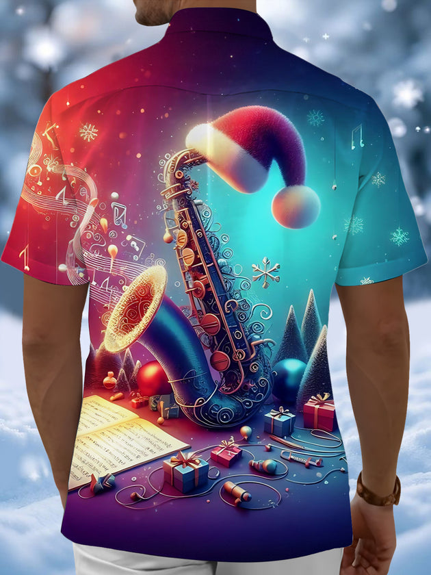 Men's Christmas Saxophone Print Pocket Short Sleeve Shirt Back View