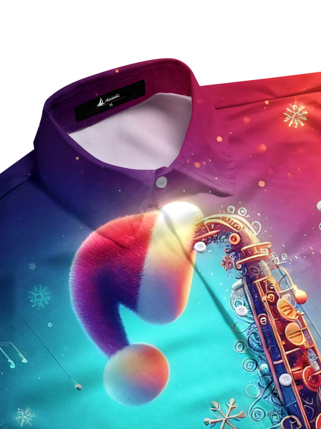 Men's festive saxophone print short sleeve shirt side view