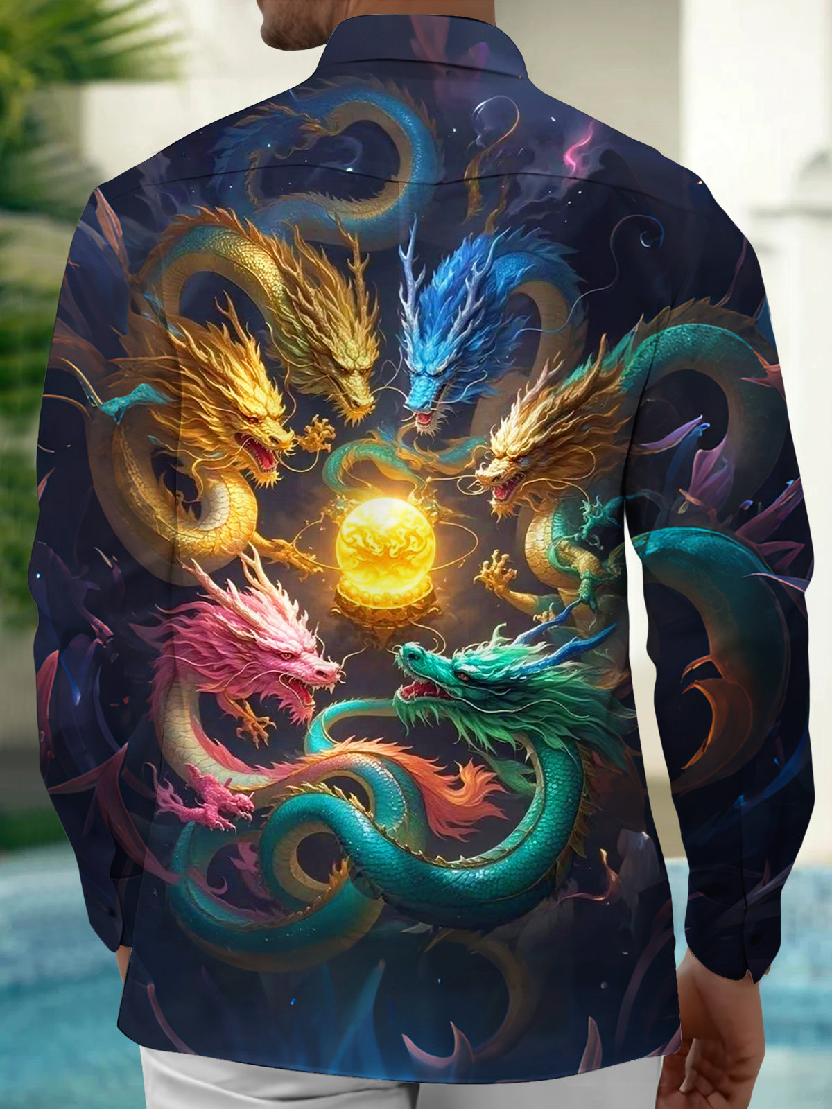 Dragon Print Men's Pocket Long Sleeve Shirts