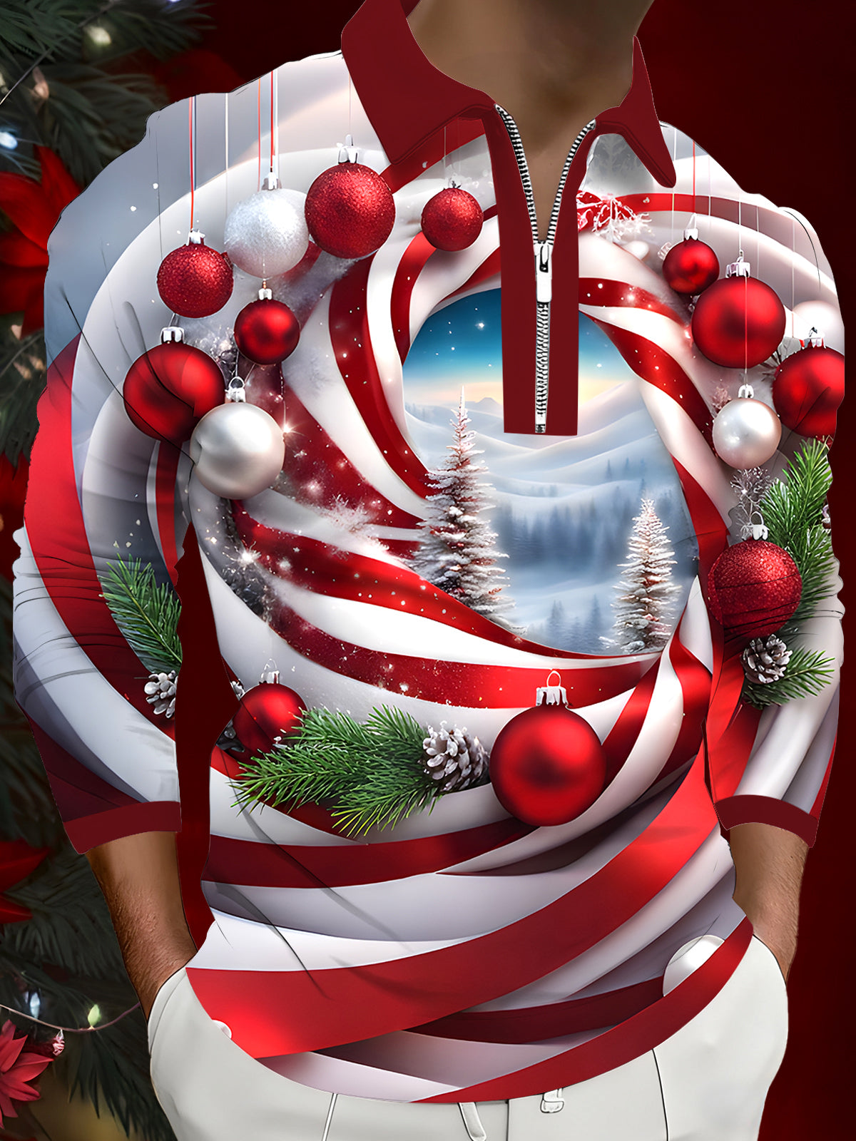 Christmas Tree Christmas Ball Men's Long Sleeve Zipper Polo