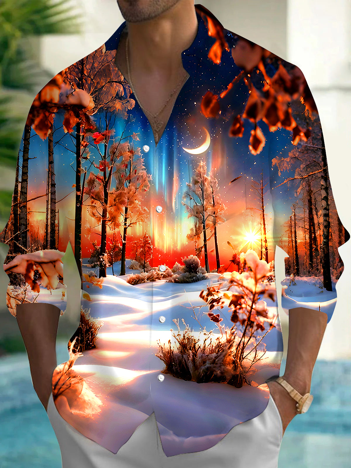 Winter Forest Men's Pocket Long Sleeve Shirts