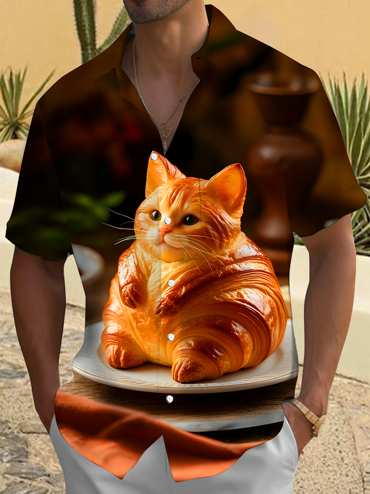 Fun Cat Croissant Men's Pocket Short Sleeve Shirts