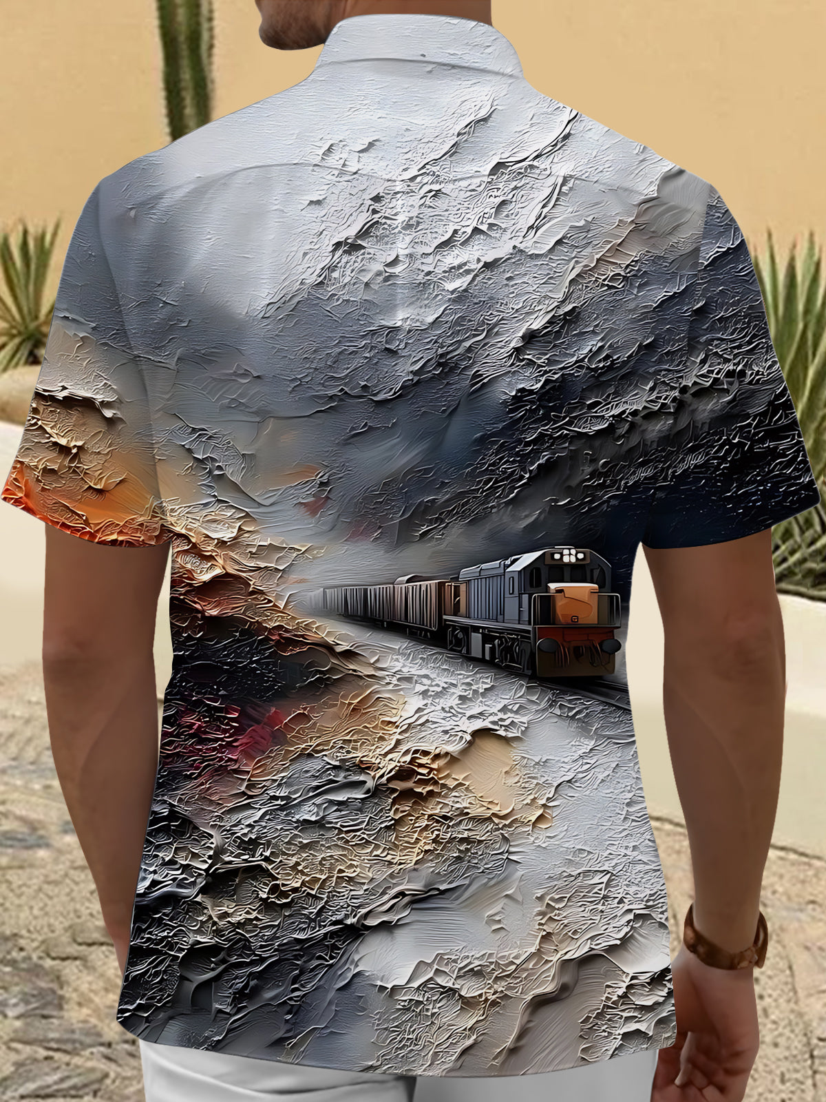Train Oil Painting Art Print Men's Pocket Short Sleeve Shirts