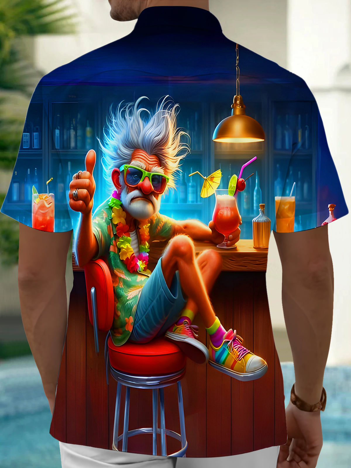 Funny Elderly Man Sitting At The Bar Men's Pocket Short Sleeve Shirts