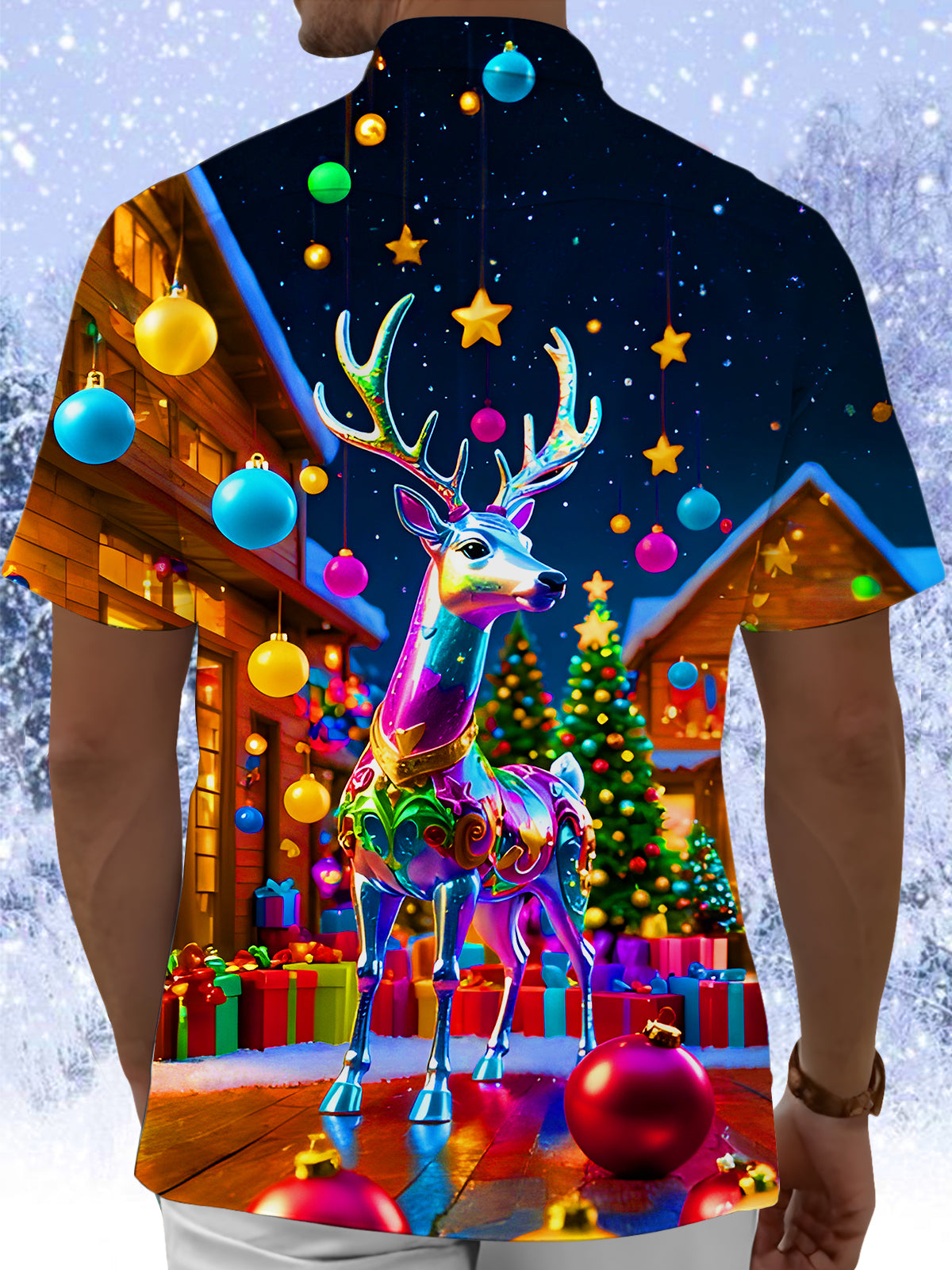 Winter Christmas Reindeer Light Balls Stars Xmas Men's Pocket Short Sleeve Shirts