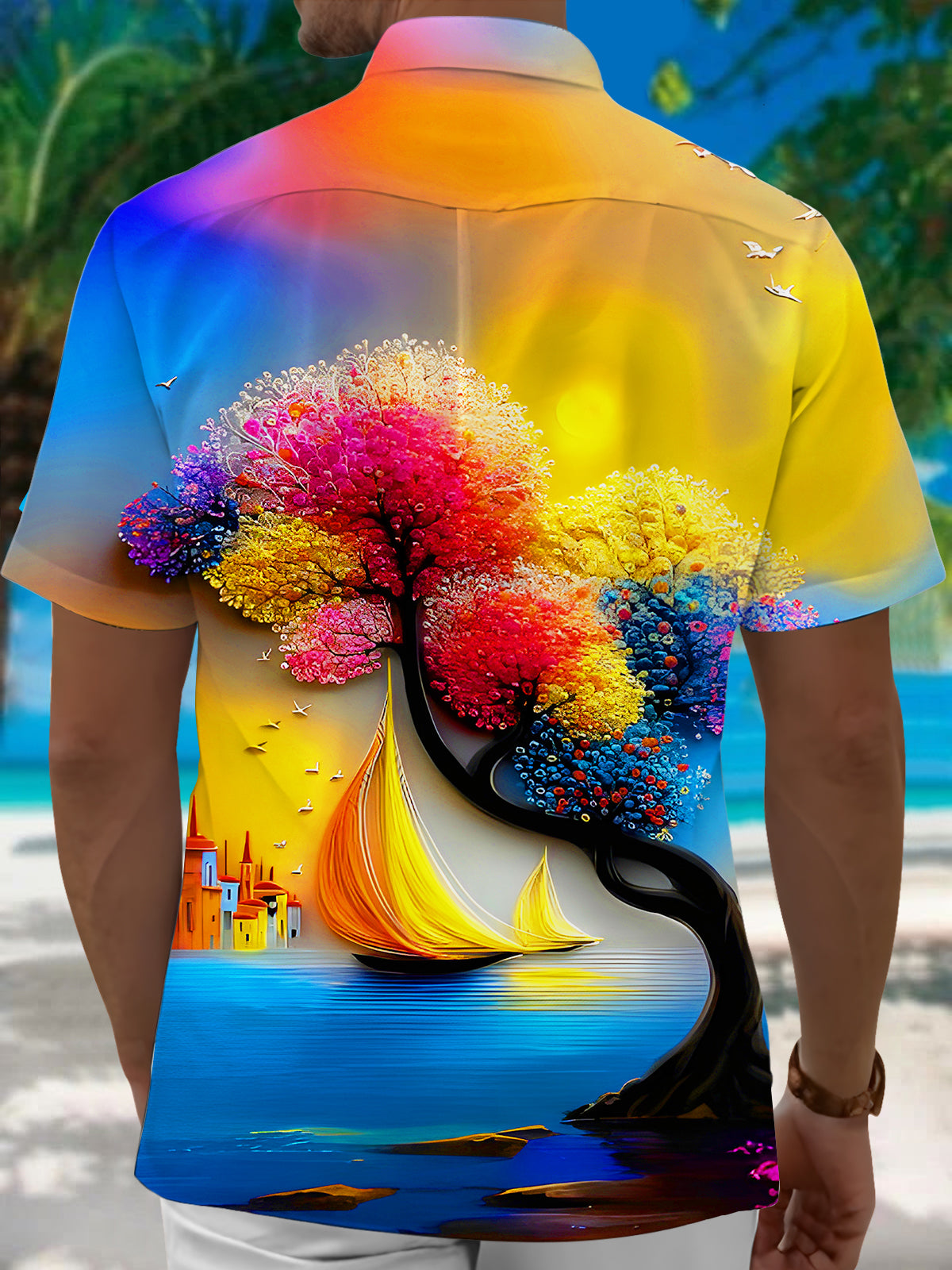 Art Colorful Floral Tree Boat Men's Pocket Short Sleeve Shirts