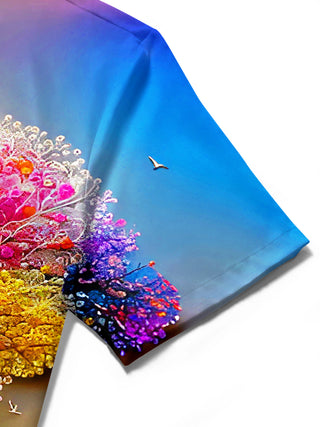 Men's colorful floral tree boat print short sleeve shirt stitching close-up