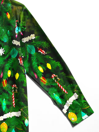 Men's Fun Christmas Tree Lights Bows Long Sleeve Shirt Close-Up Detail