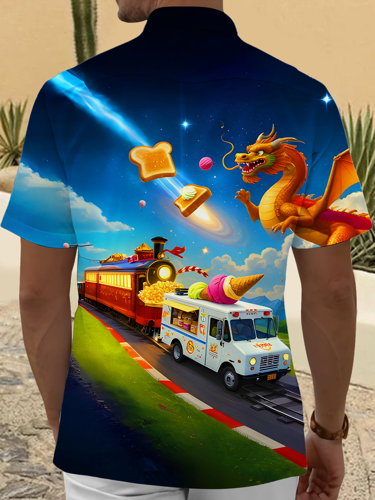 Fun Flying Dragon Dessert Train Men's Pocket Short Sleeve Shirts