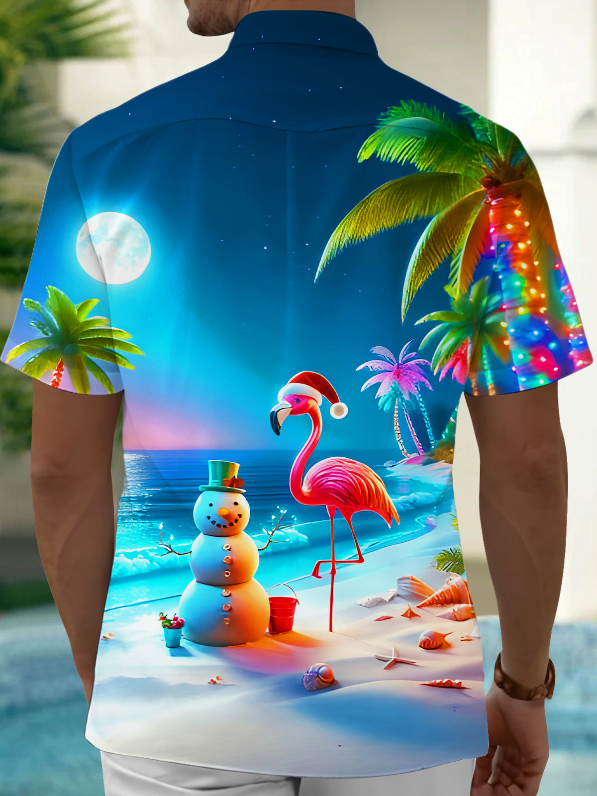 Fun Coconut Tree Flamingo Snowman Beach Xmas Men's Pocket Short Sleeve Shirts