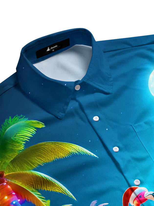 Men's coastal short sleeve shirt with coconut tree and flamingo pattern, side view