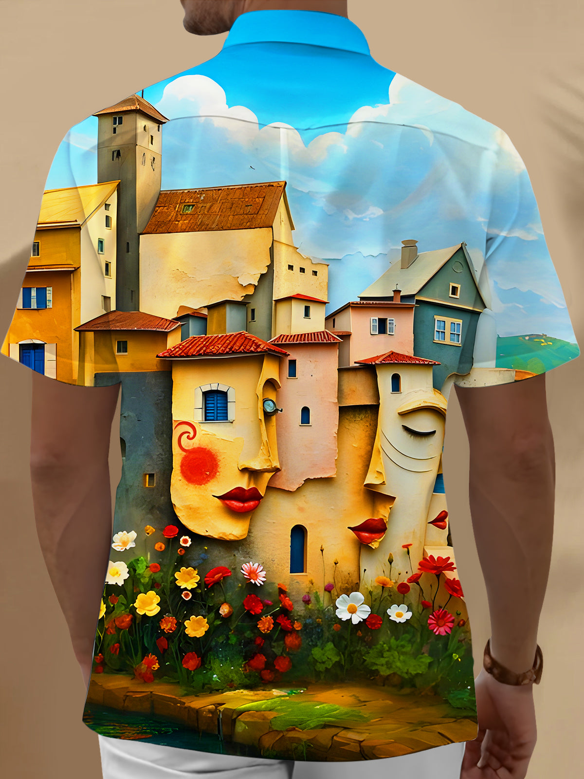 Fun Art Face Houses Men's Pocket Short Sleeve Shirts