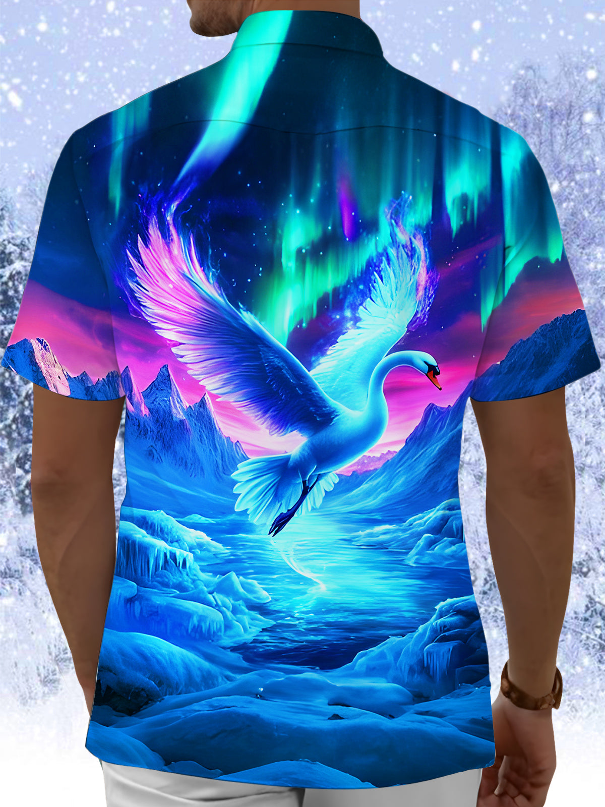 Winter Aurora Swans In Flight Men's Pocket Short Sleeve Shirts