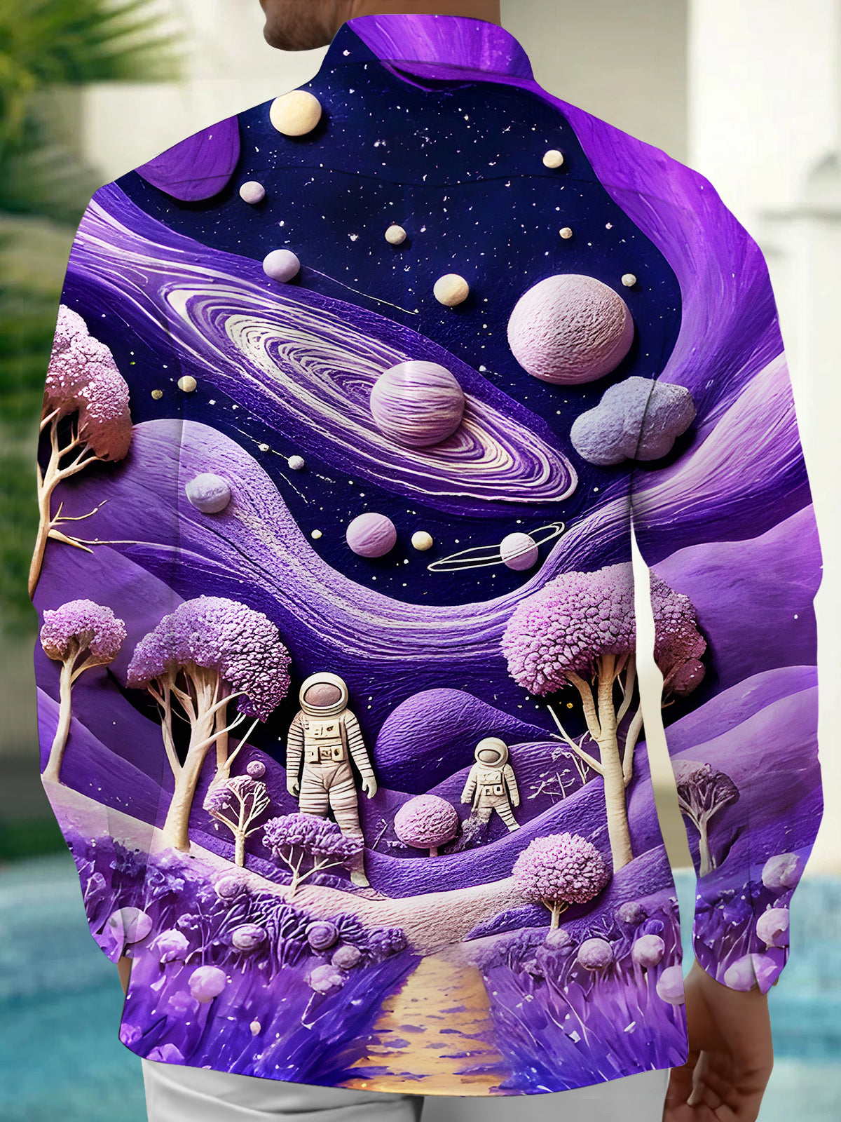 Dreamy Interstellar Space Astronaut Flower Tree Men's Pocket Long Sleeve Shirts