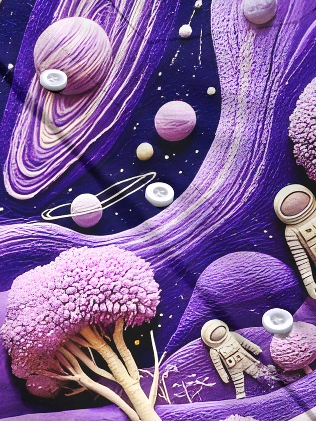 men's dreamy interstellar space astronaut flower tree pattern long sleeve shirt flat lay