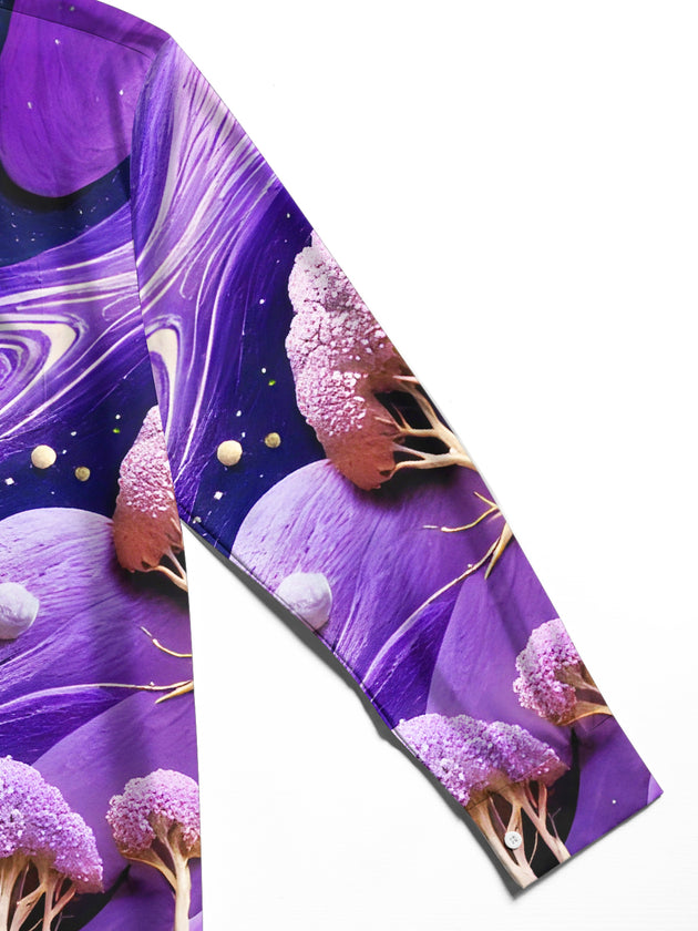 men's long sleeve shirt astronaut flower tree pattern fabric texture close-up