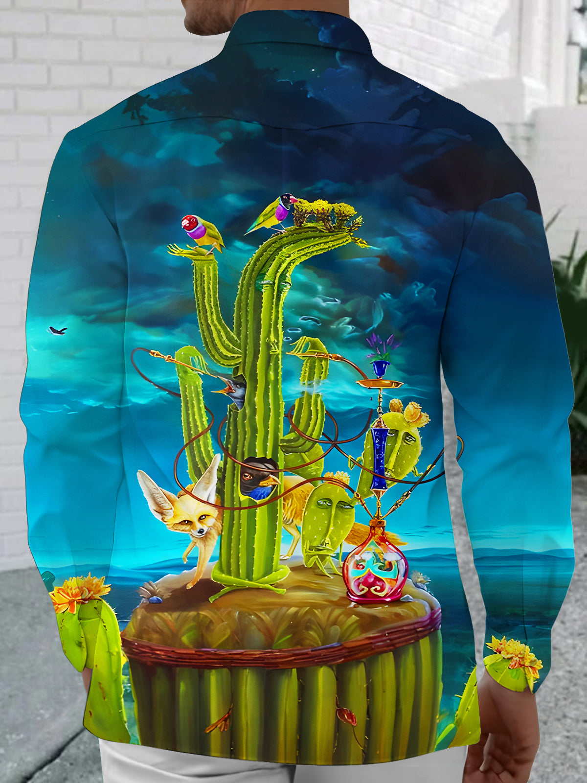 Fun Fantasy Cactus Birds Men's Pocket Long Sleeve Shirts