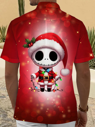 Men's red Christmas print short sleeve shirt back view