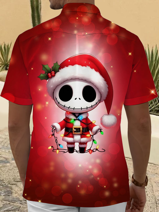 Men's red Christmas print short sleeve shirt back view