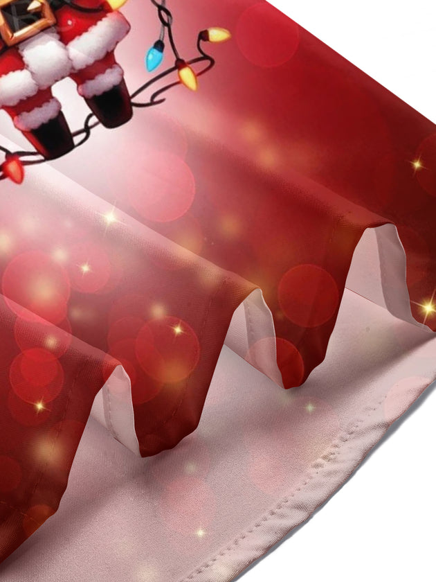 Men wearing red Christmas print short sleeve shirt at holiday party lifestyle