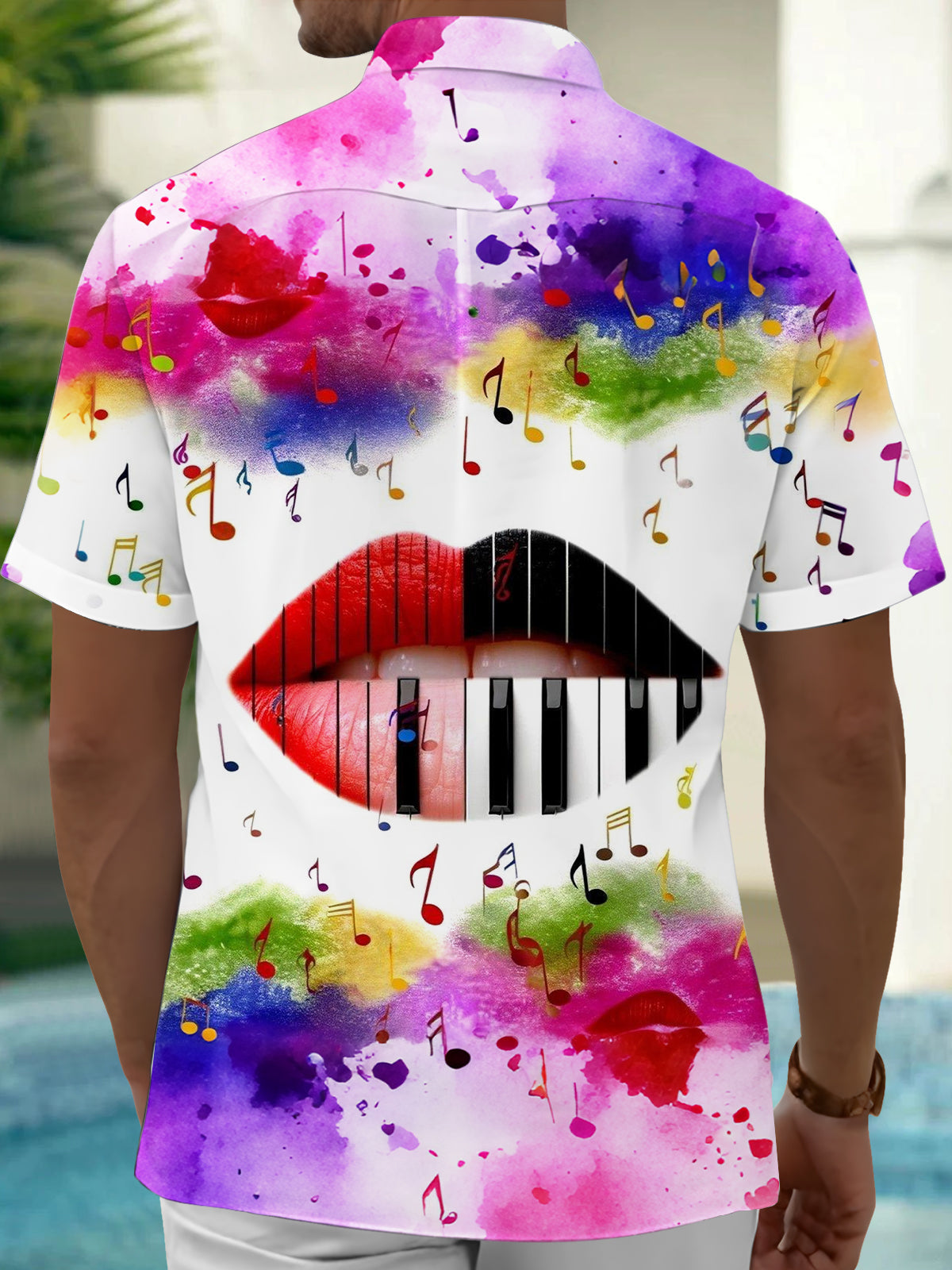 Lip Piano Note Gradient Print Men's Pocket Short Sleeve Shirts