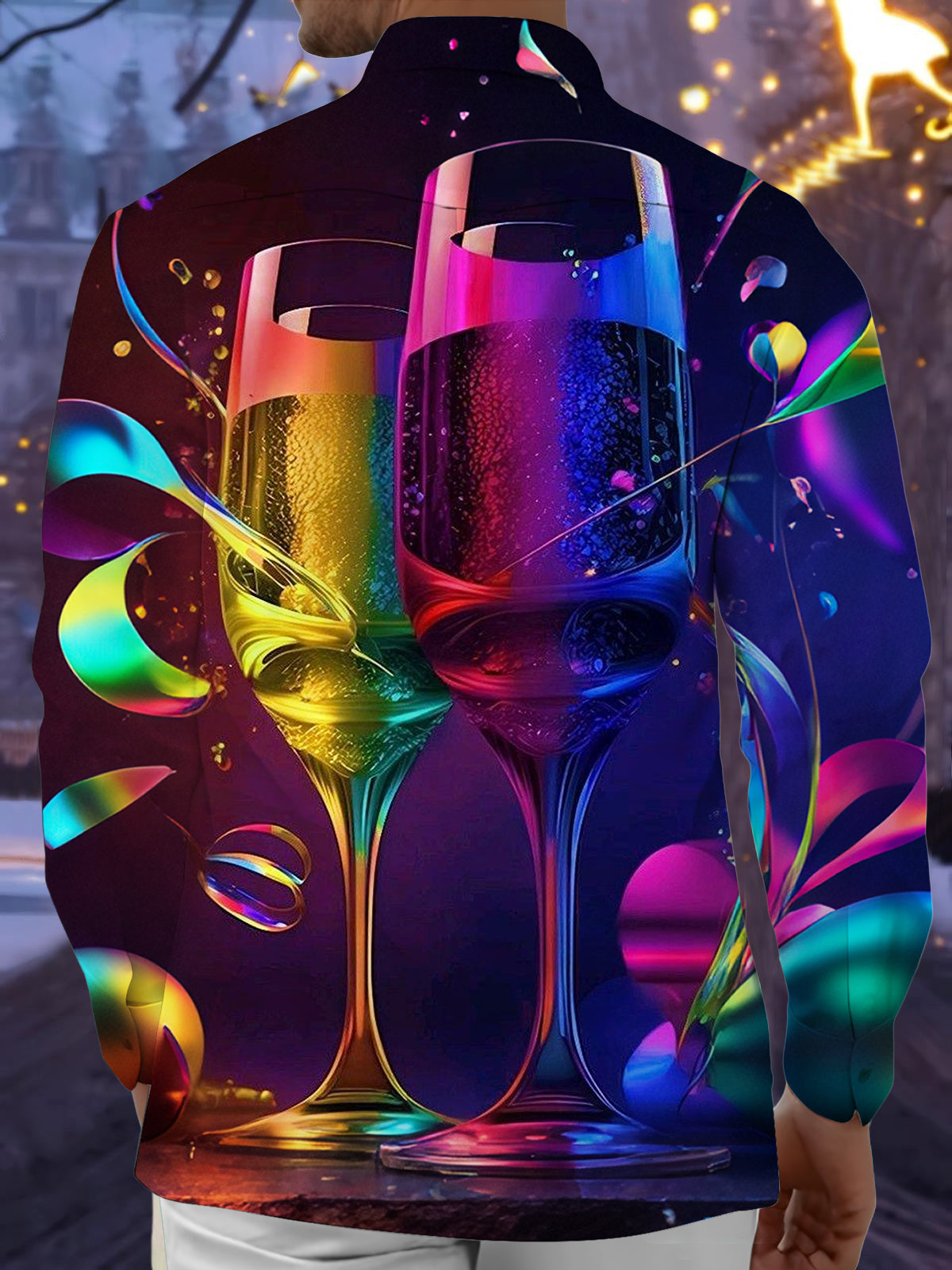 Christmas Champagne Glass Print Men's Pocket Long Sleeve Shirts