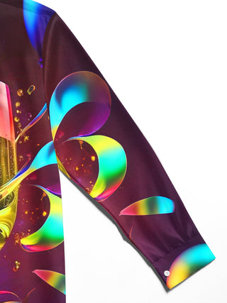Men's long sleeve Christmas champagne glass print shirt close-up detail