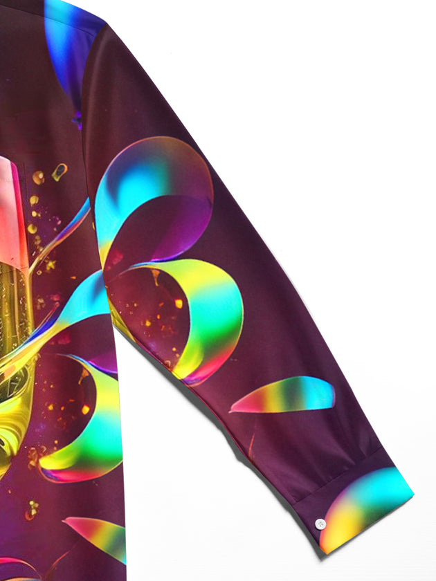 Men's long sleeve Christmas champagne glass print shirt close-up detail
