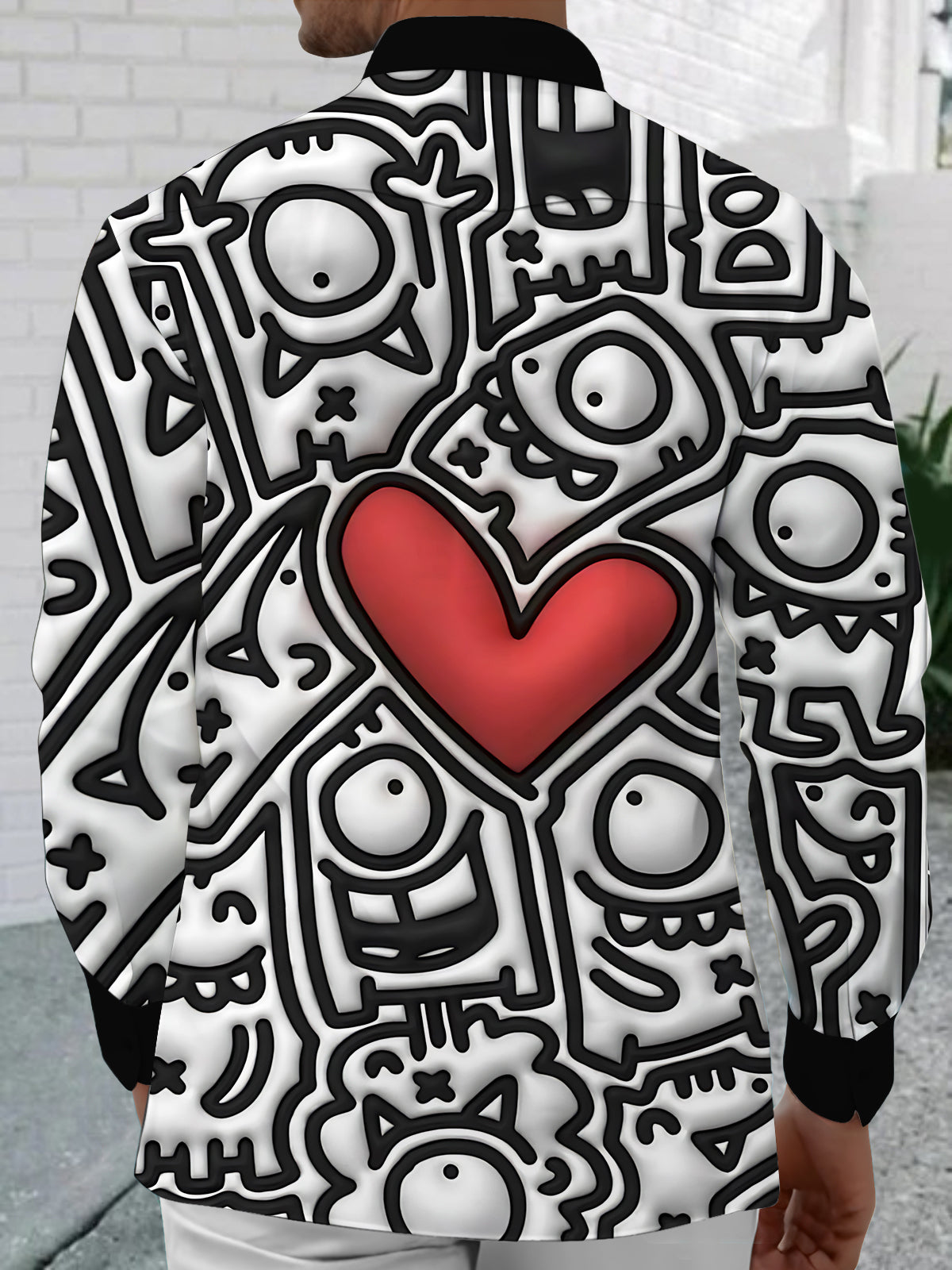 Geometric Heart Print Men's Pocket Long Sleeve Shirts