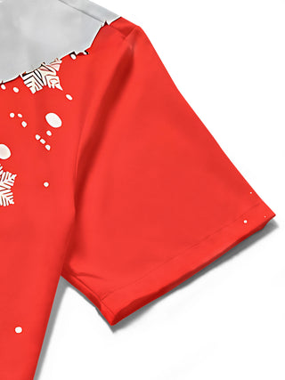 Men's red Christmas print short sleeve shirt close-up detail view
