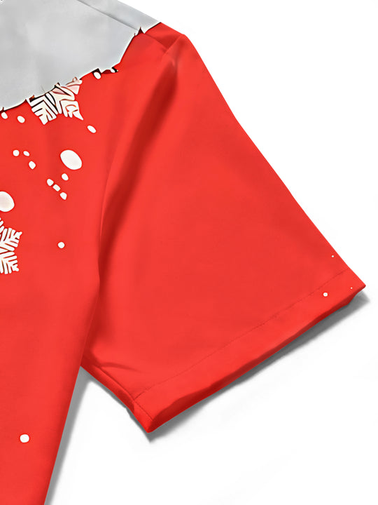 Men's red Christmas print short sleeve shirt close-up detail view