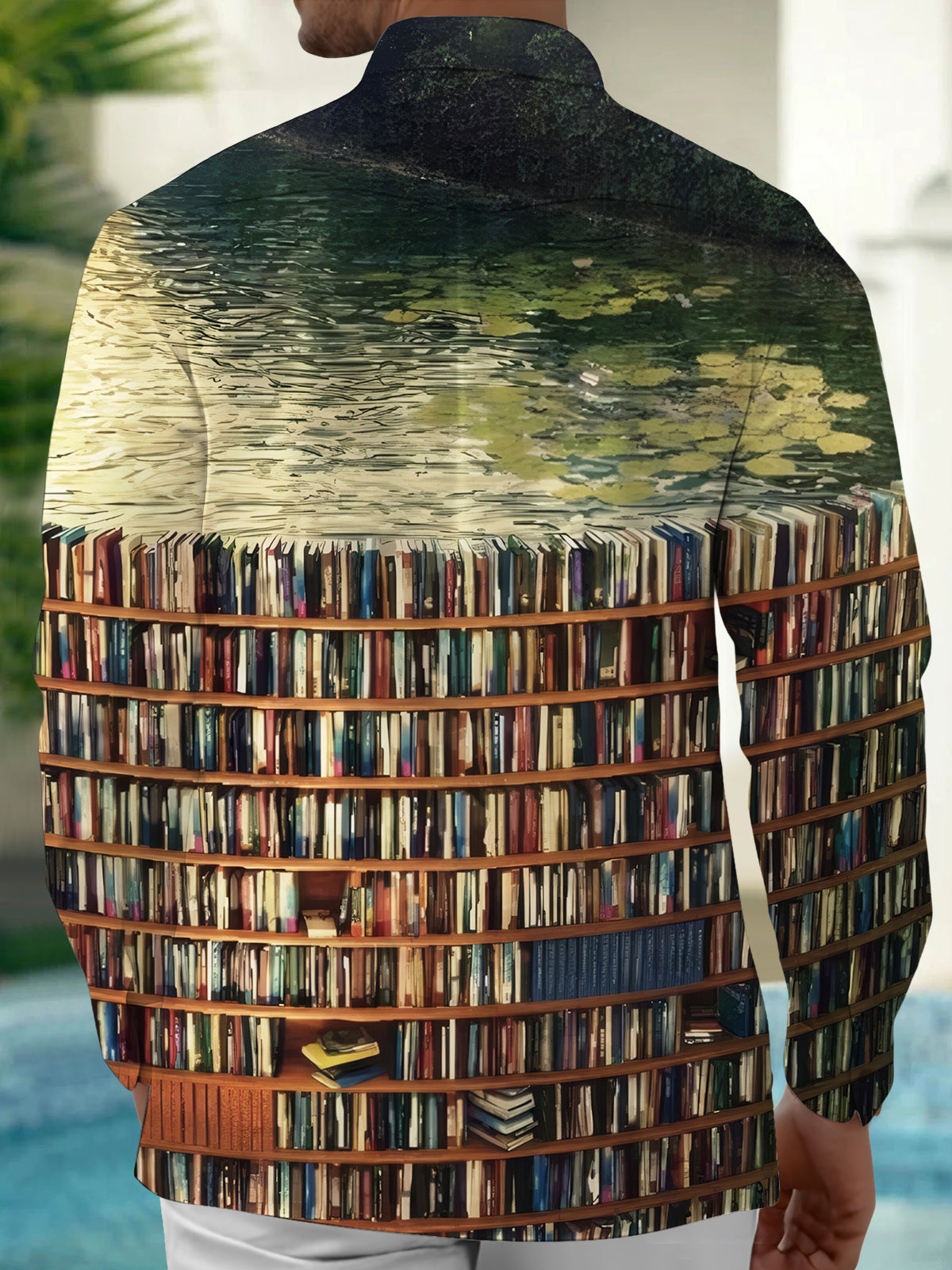 Bookshelf Canal Print Men's Pocket Long Sleeve Shirts