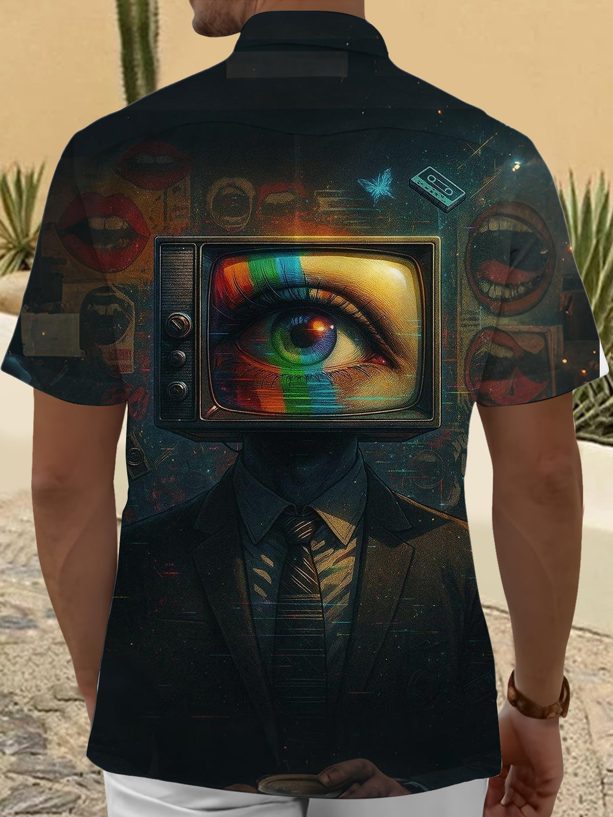 Vintage TV Eye Print Men's Pocket Short Sleeve Shirts