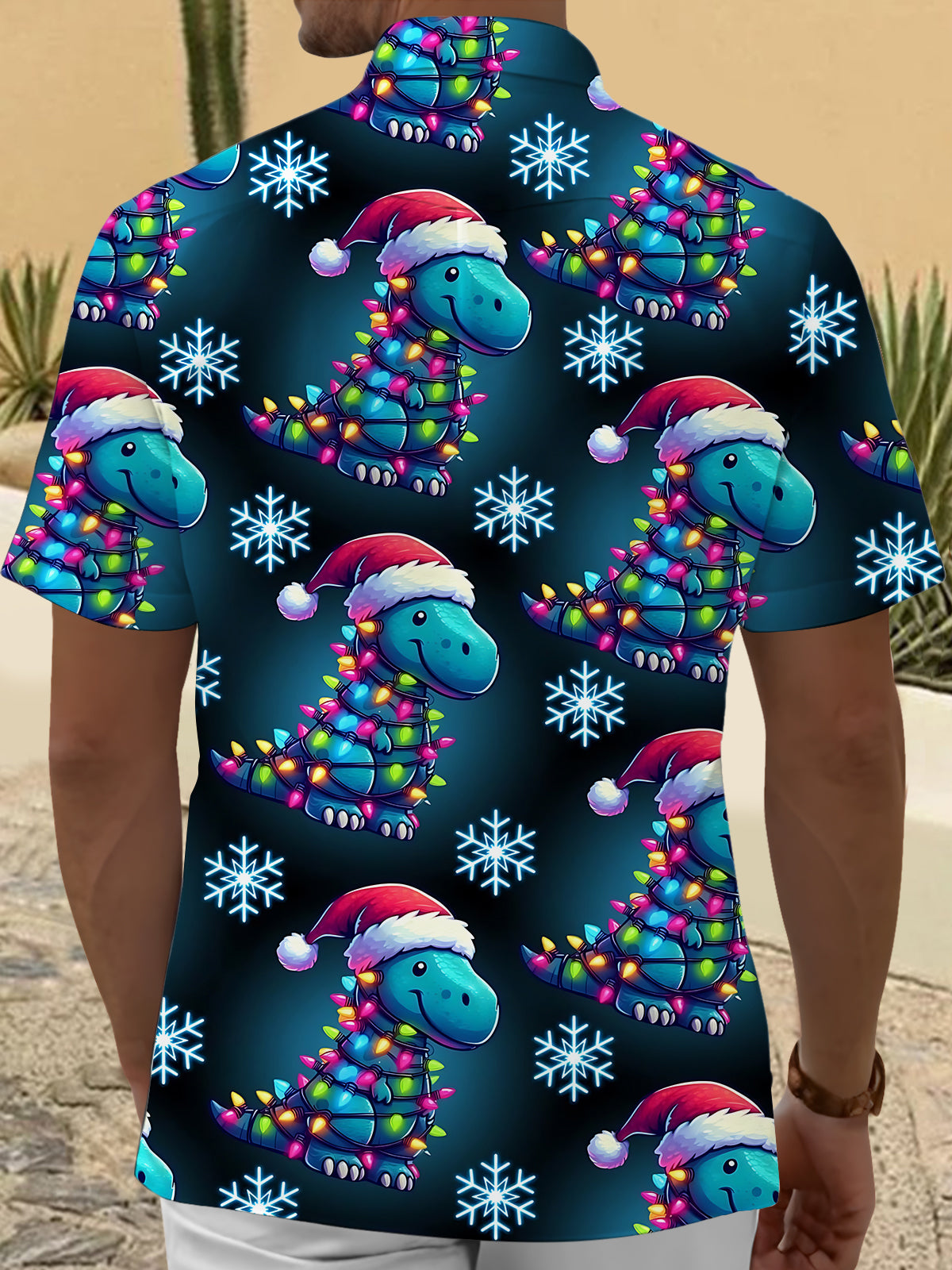 Christmas Dinosaur Print Men's Pocket Short Sleeve Shirts