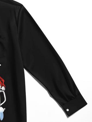 Men's red snowflake print long sleeve shirt close-up pocket stitching detail