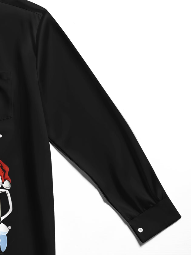 Men's red snowflake print long sleeve shirt close-up pocket stitching detail