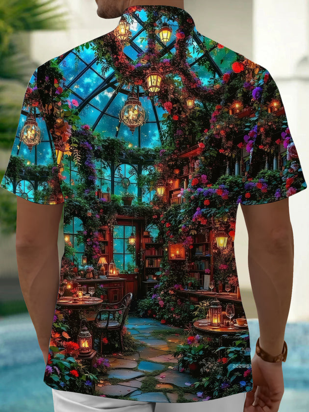 Men's green floral print short sleeve shirt back view