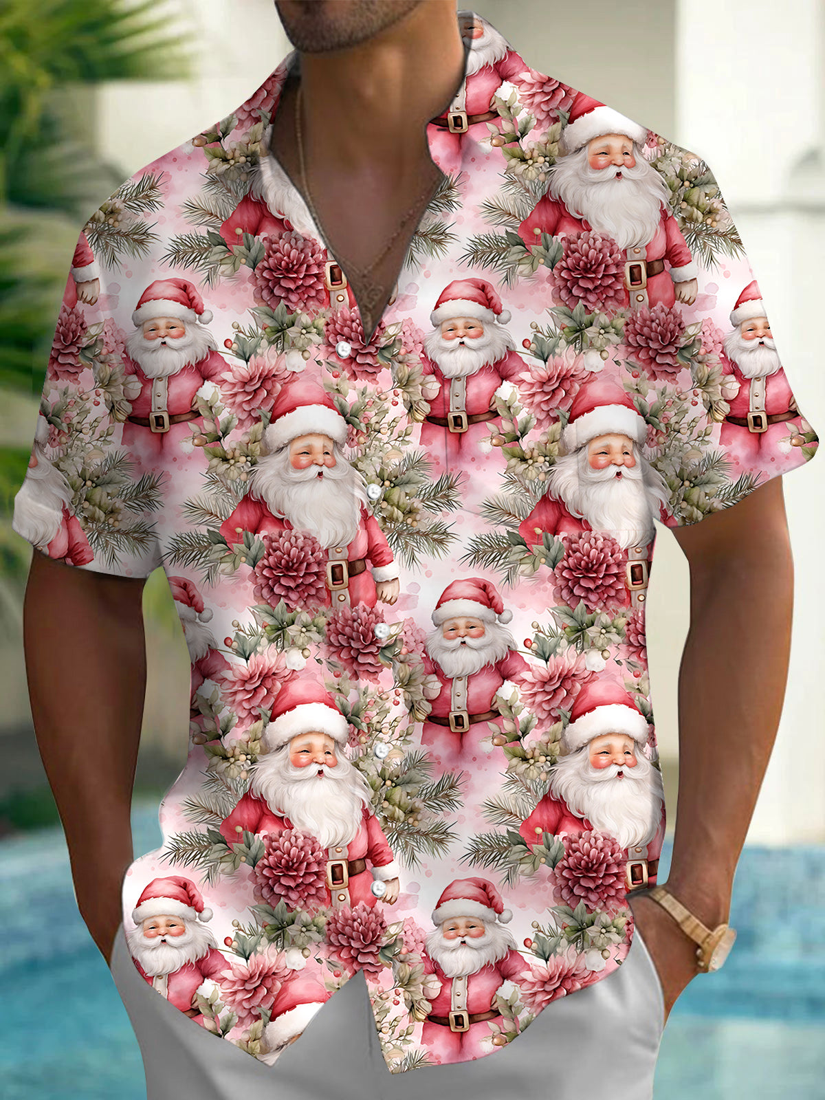 Santa Claus Print Men's Pocket Short Sleeve Shirts