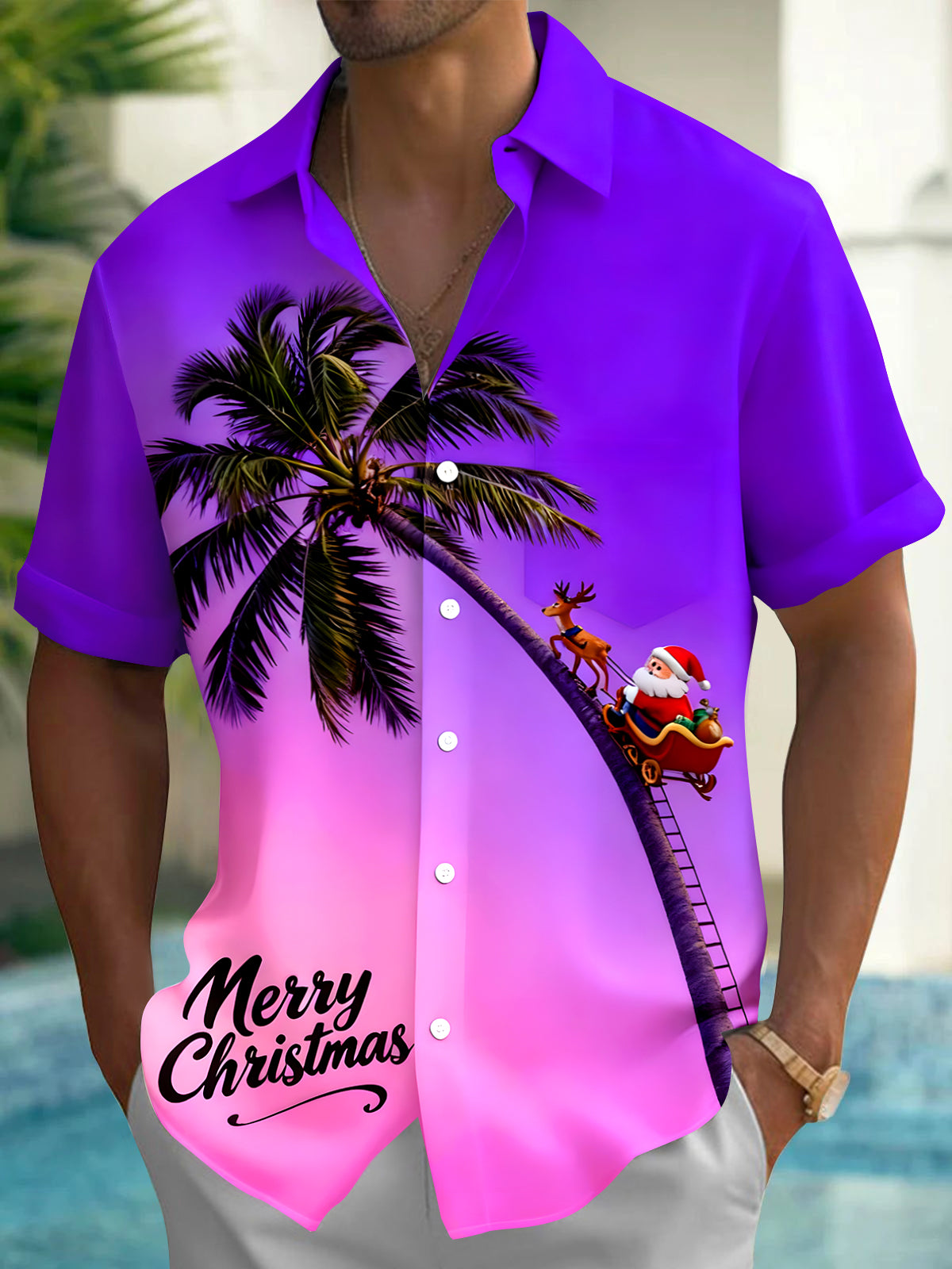 Santa Claus Coconut Tree Men's Pocket Short Sleeve Shirts