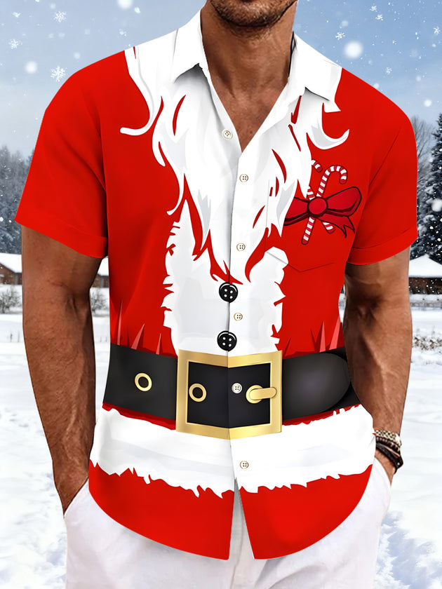 Men's Christmas costume pocket short sleeve shirt front view for Christmas holiday party