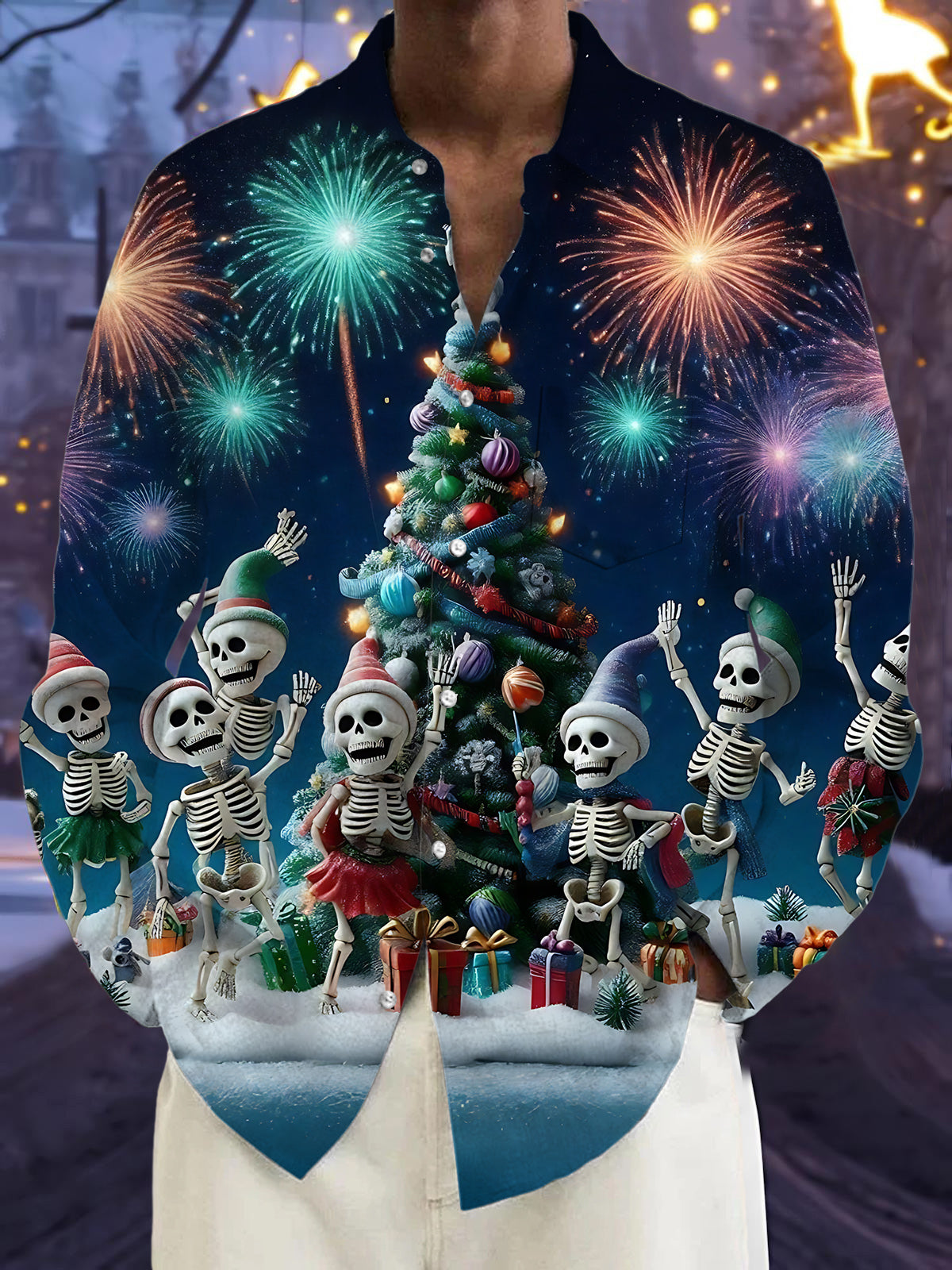 Christmas Skull Firework Print Men's Pocket Long Sleeve Shirts