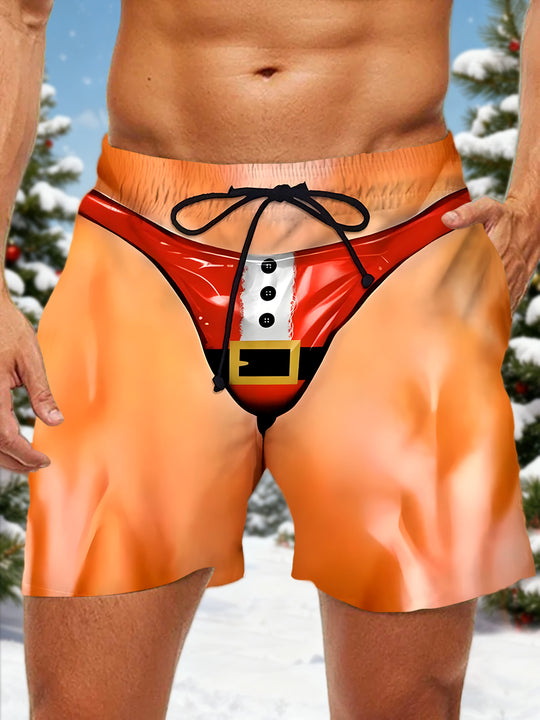 Men's funny Christmas print pocket shorts front view for holiday party
