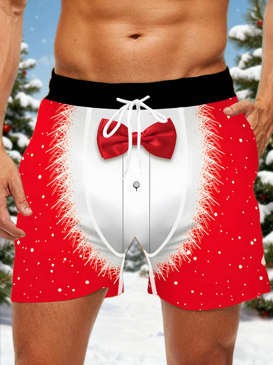 Men's red funny Christmas print pocket casual shorts front view for holiday party