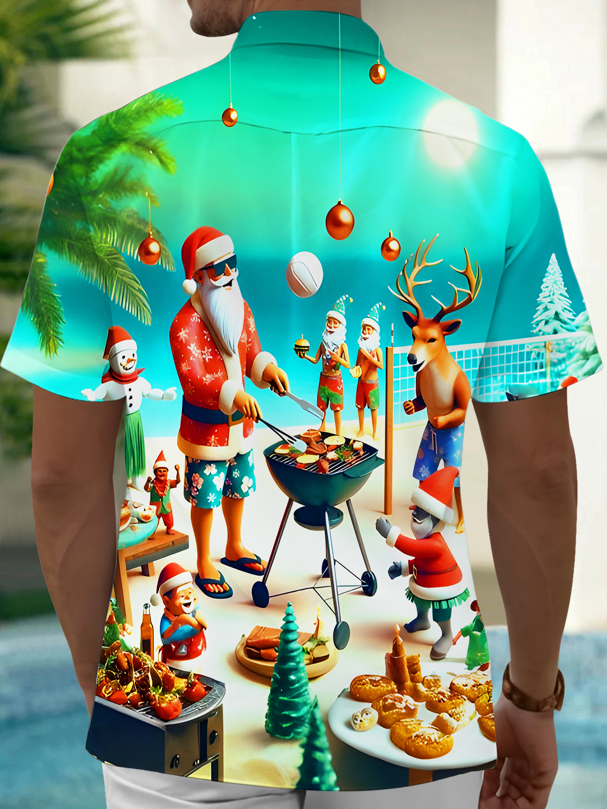 Fun Santa Claus BBQ Volleyball Xmas Men's Pocket Short Sleeve Shirts
