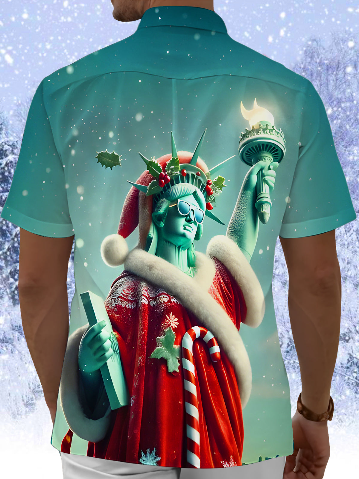 Fun Christmas Statue Of Liberty Men's Pocket Short Sleeve Shirts