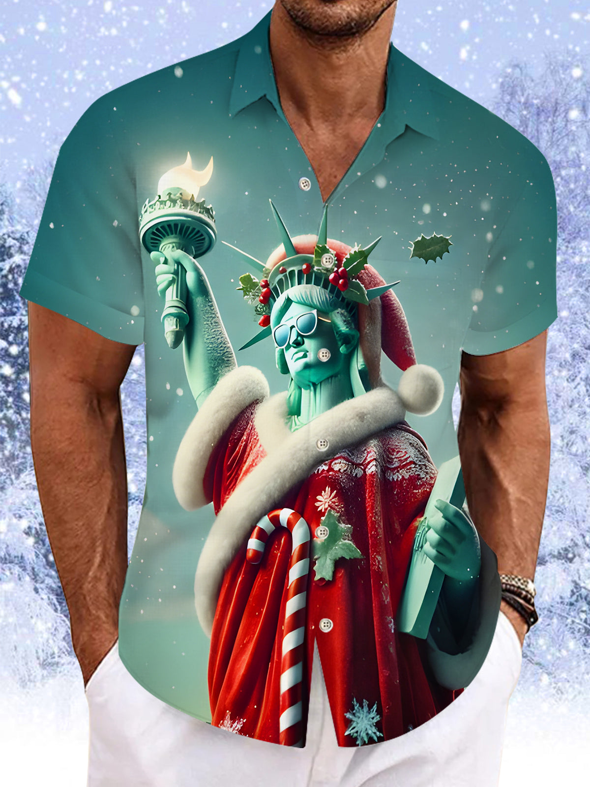 Fun Christmas Statue Of Liberty Men's Pocket Short Sleeve Shirts