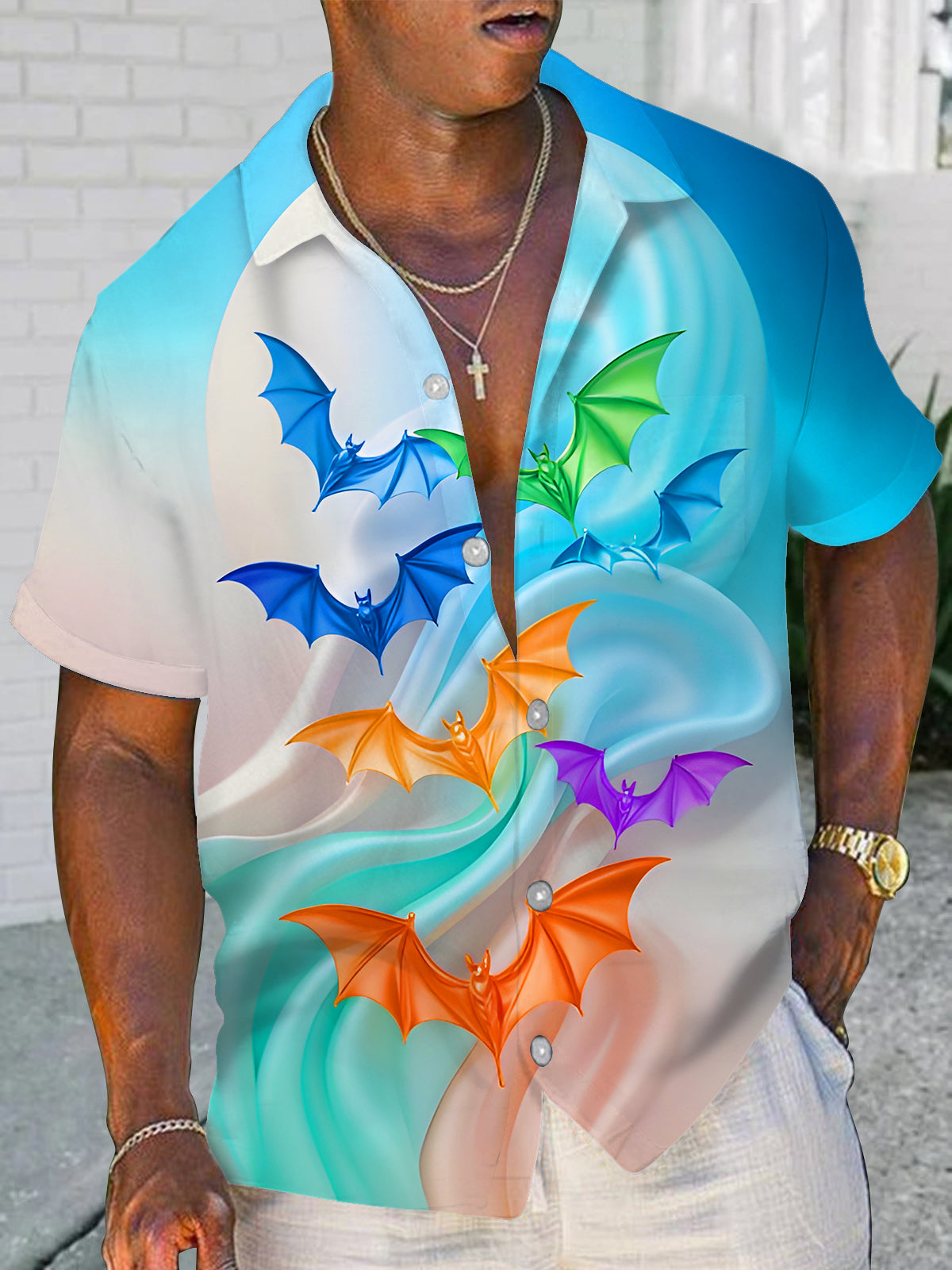 Colorful Bats Men's Pocket Short Sleeve Shirts