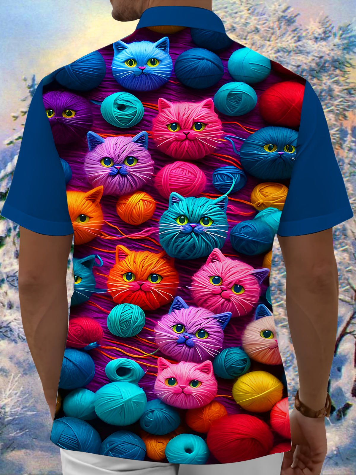 Fun Yarn Ball Cat Men's Pocket Short Sleeve Cuban Collar Shirts