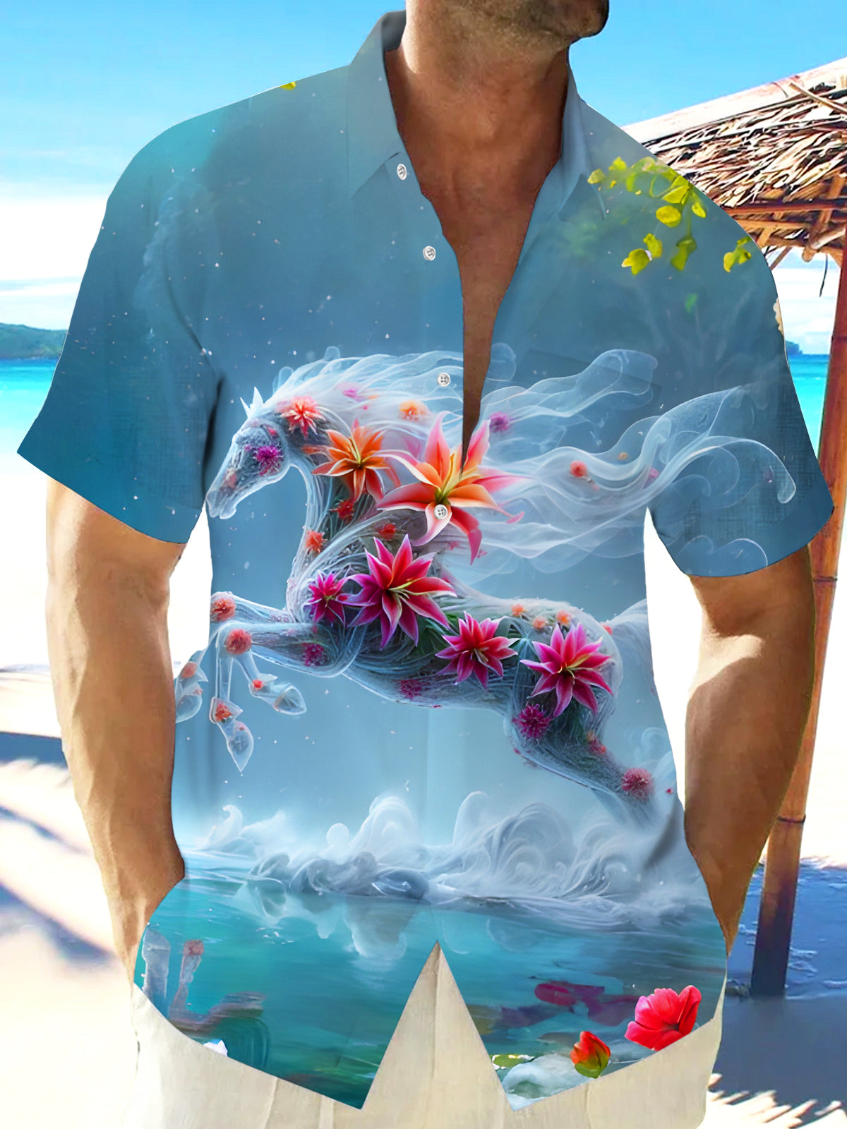 Art Running Flower Horse Men's Pocket Short Sleeve Shirts